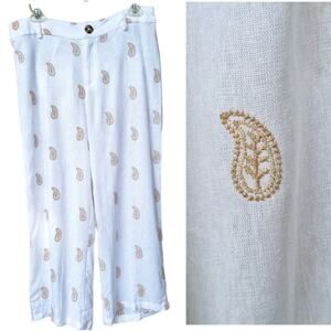 CALIGRAPHIE Anthropology Linen Blend Crop High Waist White Gold Leaf Pants Sz 10